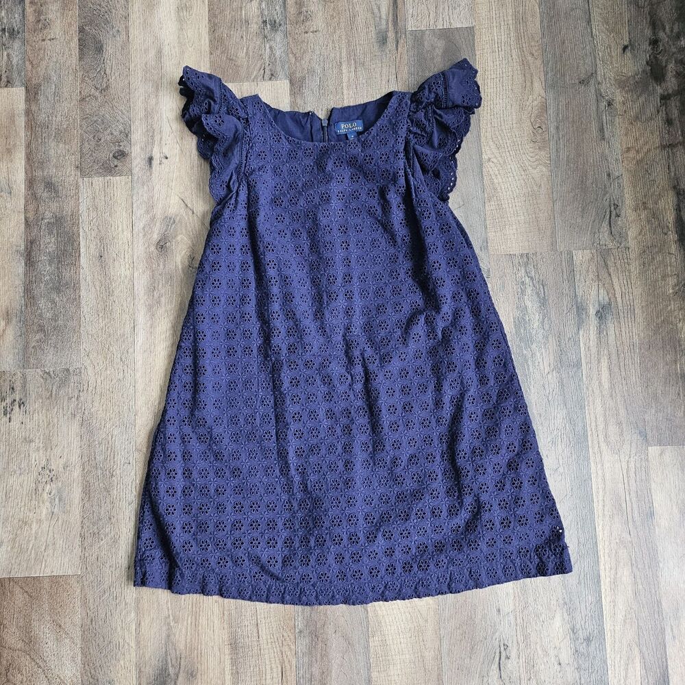 Polo Ralph Lauren Girls Sz 12 Navy Blue Ruffle Eyelet Dress Summer Sleeveless